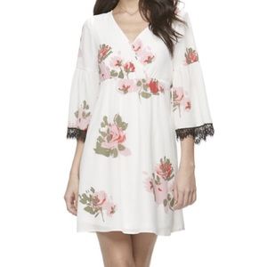 CANDIE'S White & Pink Floral Suplice Neck Babydoll Dress Contrast Lace Cuffs